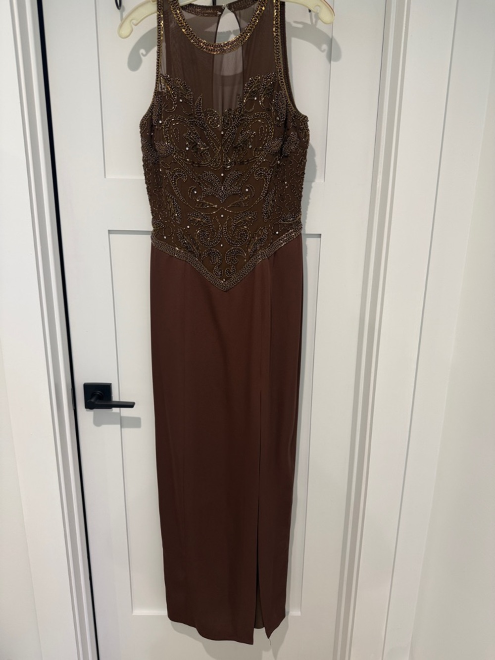 Michelangelo Brown Beaded Mesh Evening Gown